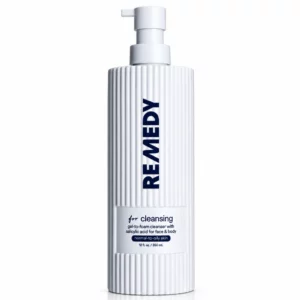 Start 87 REMEDY Gel-to-Foam Cleanser z kwasem salicylowym - biały żel do mycia twarzy i ciała w ryflowanej butelce z pompką, na białym tle.