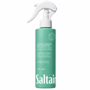 body 2 Saltair Glycolic Renewal Body Smoother 237 ml – zielona butelka peelingu do ciała w sprayu z 10% kwasem glikolowym, pokazana na białym tle.