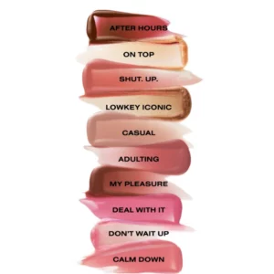Sarah Creal Lip Gloss - paleta odcieni - zestawienie dziesięciu kolorów błyszczyka Sarah Creal: After Hours, On Top, Shut. Up., Lowkey Iconic, Casual, Adulting, My Pleasure, Deal With It, Don't Wait Up i Calm Down.
