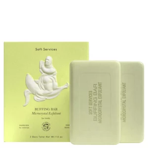 Start 52 Soft Services Green Banana Buffing Bar Microcrystal Exfoliant - zestaw dwóch zielonych kostek peelingujących do ciała wraz z opakowaniem.