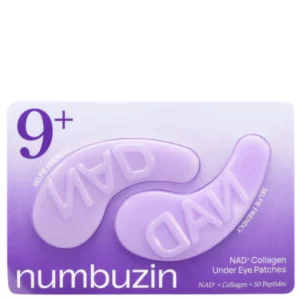 Sale 9 Fioletowe hydrożelowe płatki pod oczy NAD+ Collagen Under Eye Patches marki numbuzin, zaprezentowane w opakowaniu z napisem „Selfie Friendly” i oznaczeniem „9+”.