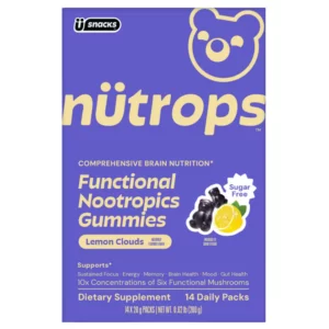 Grüns NüTrops Sugar Free Functional Nootropics Gummies Lemon Clouds - suplement diety w formie żelków nootropowych bez cukru, z kompleksem sześciu grzybów funkcjonalnych w stężeniu 10:1. Fioletowe opakowanie zawierające 14 dziennych porcji żelków o cytrynowym smaku.
