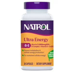 Start 59 Natrol Ultra Energy 4 in 1 - suplement diety wspierający metabolizm energetyczny, zawierający witaminę B12, kompleks witamin z grupy B, witaminę D i koenzym Q10. Biała butelka z fioletowo-pomarańczową etykietą, 30 kapsułek.