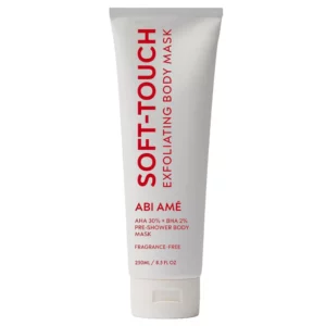 Start 143 Biała tubka peelingującej maski do ciała ABI AMÉ Soft-Touch Exfoliating Body Mask, z kwasami AHA 30% i BHA 2%, bezzapachowa, o pojemności 250 ml.