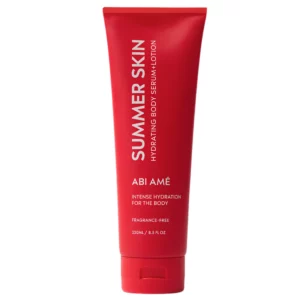 Start 10 Czerwone opakowanie balsamu do ciała Summer Skin marki ABI AMÉ, nawilżające serum-lotion do ciała, bezzapachowe, o pojemności 250 ml.