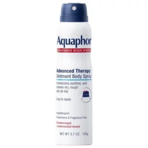 Aquaphor Advanced Therapy Ointment Body Spray - intensywnie nawilżająca maść do ciała w sprayu, która pomaga łagodzić uczucie suchości i szorstkości skóry. Białe opakowanie aerozolowe z granatowym aplikatorem, formuła bez substancji zapachowych i konserwantów, 105 g.