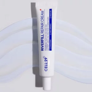 Start 9 CELL:29 Riverfill Repair Cream - regenerujący krem do twarzy w białej tubce z niebieskimi napisami, zawierający glutation i EGF. Kosmetyk wspierający nawilżenie, poprawę jędrności, wyrównanie kolorytu oraz wygładzenie skóry. Minimalistyczne zdjęcie produktowe na jasnym tle.