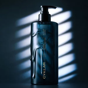 CYKLAR Sex Musk Sensorial Body Wash - zmysłowy żel do mycia ciała w eleganckiej, granatowej butelce z pompką i złotymi detalami, przedstawiony na ciemnym tle z efektowną grą światła i kroplami produktu na opakowaniu.