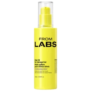 FROMLABS Protein Capsule Hair Repair Oil - proteinowy olejek regenerujący do włosów zniszczonych, intensywnie żółta butelka 70 ml z pompką, przezroczystą nakrętką i czarnym logo marki, na białym tle.