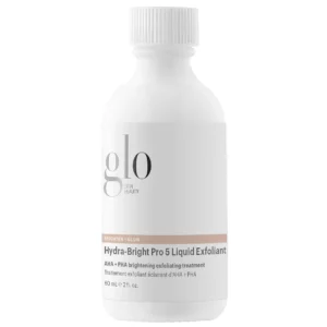 Start 90 Glo Skin Beauty Hydra-Bright Pro 5 Liquid Exfoliant 60 ml - rozświetlający peeling kwasowy AHA i PHA do twarzy, pomagający wygładzić skórę, wyrównać koloryt i zmniejszyć widoczność porów. Biała butelka z minimalistyczną etykietą na białym tle.
