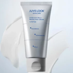 JUVELOOK PDLLA Protecting Cream - kolagenowy krem do twarzy z PDLLA, kompleksem 13 peptydów, pantenolem i astaksantyną. Srebrna tubka z niebieskimi napisami na jasnym tle, otoczona smugami białej, kremowej konsystencji. Kosmetyk nawilżający, wygładzający i wspierający barierę ochronną skóry.
