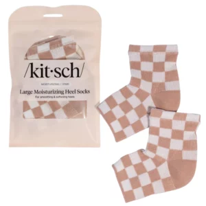 Start 51 Kitsch Large Moisturizing Heel Socks - opakowanie oraz para wielorazowych skarpetek nawilżających na pięty w beżowo-białą kratkę, przeznaczonych do zmiękczania i wygładzania suchej skóry stóp.