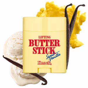 Start 185 Knock Lifting Butter Stick Seoul Vanilla - koreańskie masło do ciała w sztyfcie z Volufiline i mocznikiem. Grafika przedstawia żółty sztyft o wyprofilowanej końcówce, który wspiera wygładzenie, nawilżenie i poprawę wyglądu jędrności skóry.
