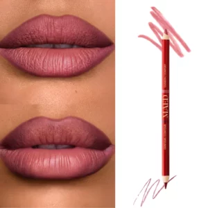 Start 9 MAED Duet Satin + Matte Long Wear Lip Liner - dwustronna konturówka do ust 2w1 z matową końcówką do modelowania i satynową do wypełniania. Zdjęcie przedstawia efekt ombré na ustach w różowo-brązowych odcieniach, czerwoną kredkę MAED oraz próbki kolorów na białym tle.