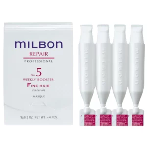 Start 163 Milbon Repair No. 5 Weekly Booster Fine Hair - profesjonalna kuracja regenerująca do włosów cienkich i osłabionych. Białe opakowanie Milbon Repair Professional oraz cztery ampułki po 9 g, przeznaczone do cotygodniowej pielęgnacji włosów farbowanych i zniszczonych.