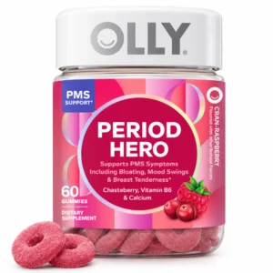 Start 49 OLLY Period Hero PMS Support - opakowanie 60 żelków o smaku żurawiny i maliny z niepokalankiem, witaminą B6 i wapniem.