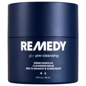 Start 45 REMEDY for Pre-Cleansing Derm Dissolve Cleansing Balm - balsam do demakijażu twarzy, pomagający rozpuszczać makijaż, filtry przeciwsłoneczne i codzienne zanieczyszczenia. Elegancki, granatowy słoiczek z białym logo REMEDY na jasnym tle, pojemność 45 ml.