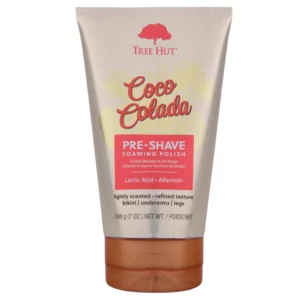 Tree Hut Coco Colada Pre-Shave Foaming Polish - wygładzający peeling w piance przed goleniem z kwasem mlekowym i alantoiną. Beżowa tubka z pomarańczową zakrętką, przeznaczona do pielęgnacji nóg, pach i okolic bikini, 198 g.