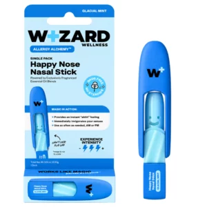 Start 53 Wizard Wellness Happy Nose Nasal Stick Glacial Mint - niebieski inhalator aromatyczny do nosa z miętowym wkładem oraz oryginalne błękitne opakowanie producenta. Kieszonkowy sztyft z mentolem i olejkiem eukaliptusowym.