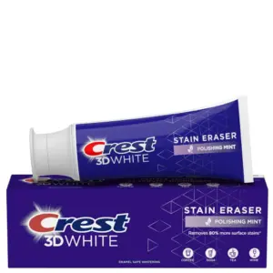 Start 46 Crest 3D White Stain Eraser Polishing Mint - wybielająca pasta do zębów o odświeżającym miętowym smaku, pomagająca usuwać powierzchniowe przebarwienia po kawie, herbacie, napojach gazowanych i winie. Fioletowa tubka i kartonik na białym tle.